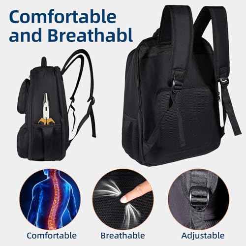 Heavy Duty Tool Bag Backpack 1680D Waterproof Oxford Fabric with Non-Slip Silicone Base, Multi-Pocket Tool Storage Organizer for Comfortable All-Day Use in Various Worksite Environments