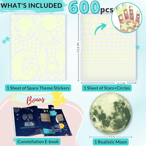 LUMOSX Space Blue Glow in the Dark Star Ceiling Decals Set - 600 Pcs with Moon & E-Book
