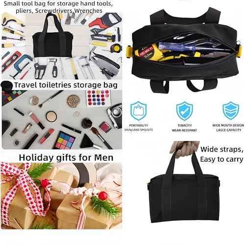 12 Inch Canvas Tool Bag, Small Tool Bag for Men, Large Capacity Wide Mouth Tool Organizer Tote Bag for Storage Hand Tools Wrenches (Black, 12 Inch)