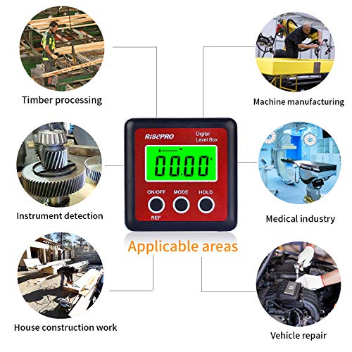 RISEPRO Digital Level Box Protractor Inclinometer with Magnets, Red - 4x90° LCD Backlit