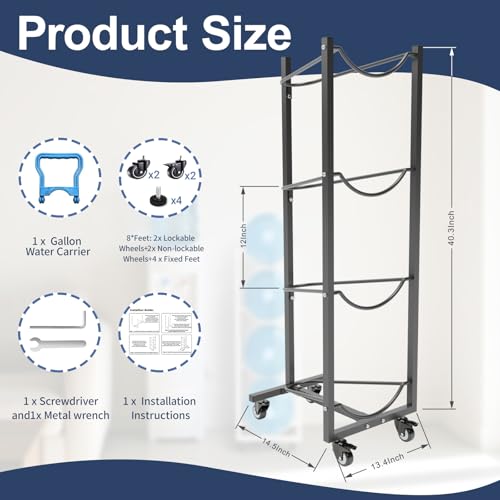 5 Gallon Water Jug Holder with Wheels 4 Tier 5 Gal Water Bottle Storage Rack Stand for Home Kitchen Office Gym Garage