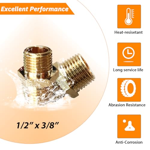 2pcs Brass NPT Reducing Pipe Fittings 1/2" to 3/8" NPT Adapters, Solid Hex Nipples