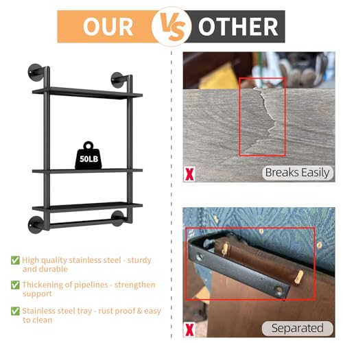 Bathroom Shelves Wall Mounted, 3 Tier Towel Racks with Towel Bar, 26in Stainless Steel Floating Pipe Shelves Over Toilet, Wall Shelves for Bathroom Laundry Room Kitchen Storage