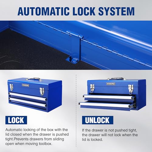 WORKPRO 18-Inch Tool Box with 2 Drawers & Top Storage - Blue