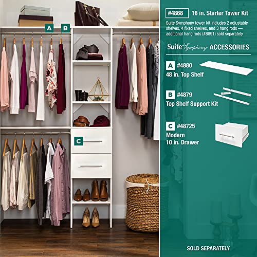 ClosetMaid SuiteSymphony Small Closet Organizer Starter Kit with Tower & 3 Adjustable Rods – Pure White
