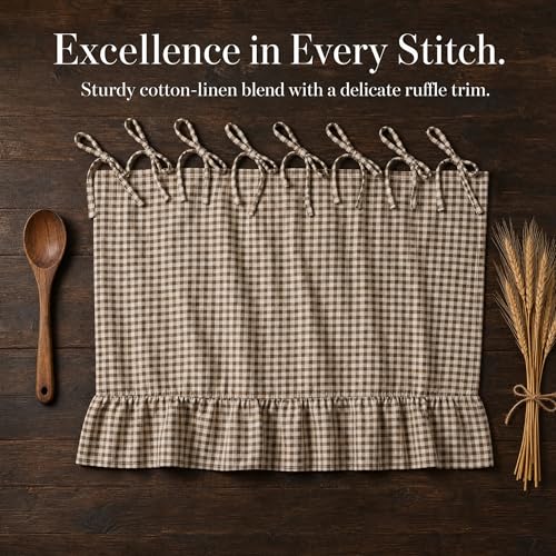 Oven Skirt for Kitchen Decor - Brown White Cotton Linen Stove Cover with Ruffle Trim, Handmade