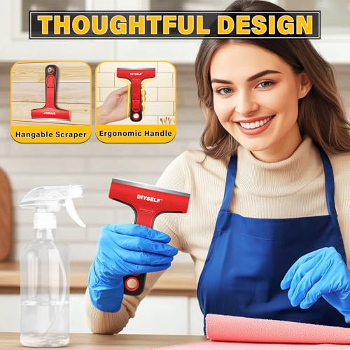 DIYSELF Razor Blade Scraper with 10 Metal Blades & Red Variation, 4-inch Heavy-Duty Cleaning Tool
