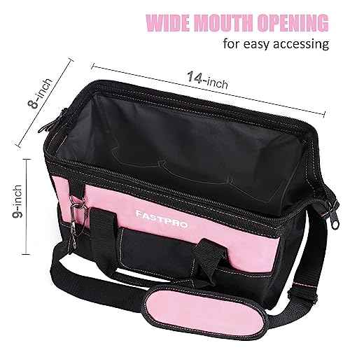 FASTPRO 14-Inch Pink Tool Bag for Women, Zip-top Wide Mouth Open Tool Organizer, with Adjustable Shoulder Strap