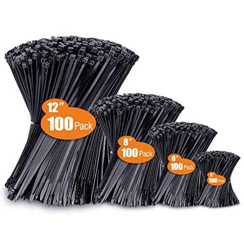 Zip Ties Assorted Sizes(4¡±+6¡±+8¡±+12¡±), 400 Pack, Black Cable Ties, UV Resistant Wire Ties by ANOSON