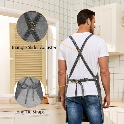 Denim Apron with Pockets, Cross Back Apron for Men Women, Jean Work Aprons for Hairstylist Barber Grilling Gardening, Adjustable S to L