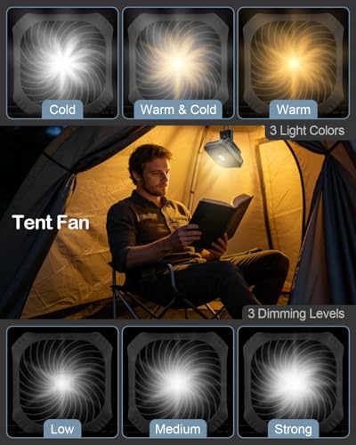 Odoland Black Camping Fan with LED Lantern, Rechargeable & Portable