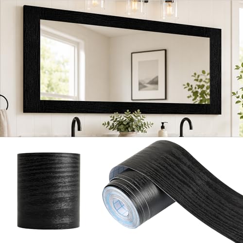 Alened 10M Black Mirror Border Peel & Stick Wood Grain Wallpaper Border - 2''X393''