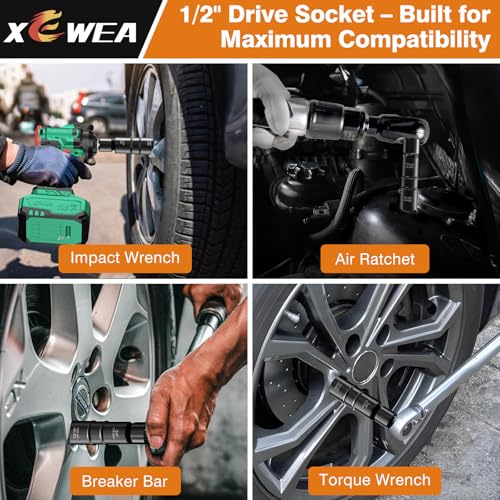 XEWEA 1/2 Inch Drive 18.5mm x 19.5mm Thin Wall Impact Flip Socket, Lug Nut Impact Socket Set Double Ended Thin Wall Nut Sockets CR-MO Twist Removal Tool for Stripped Rusted Bolts