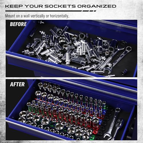 SEDY 9-Piece Aluminum Magnetic Socket Organizer Set - Holds 120 Sockets, Detachable Rails for 1/4, 3/8, 1/2 Sizes, Blue/Red/Green