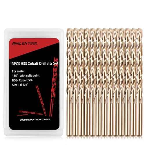 1/4 Inch Cobalt Drill Bits, 13 Pack of M35 HSS, 135 Degree Tip, Jobber Length Twist Drill Bit Set for Hardened Metal, Stainless Steel, Cast Iron, Wood and Plastic, with Indexed Storage Case