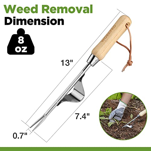 WORKPRO Weed Puller Tool, Metal Leverage Base and V-Shaped Forks for Easy Weed Removal & Deeper Root Digging, Heavy Duty Stainless Steel with Wood Handle, Manual Hand Weeder for Gardening