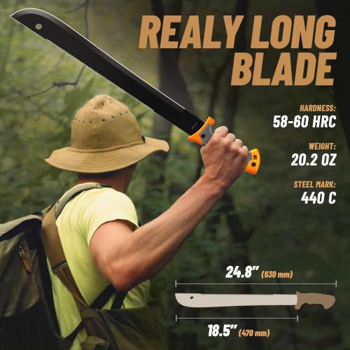 Grand Way Orange 25" Heavy Duty Survival Machete with Sheath & Serrated Blade
