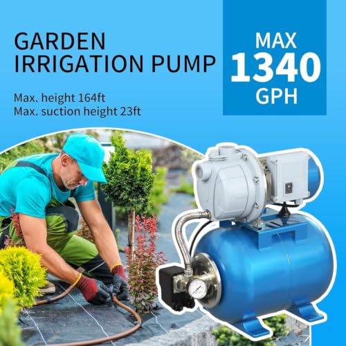 Blue 1.5HP Shallow Well Pump with Pressure Tank, 1340GPH, Automatic Irrigation Water Booster System