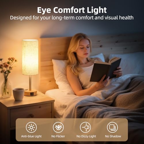 Fitfull Warm Wooden Touch Bedside Table Lamp with USB-C & AC Outlet - Model: Warm&Wooden / 1