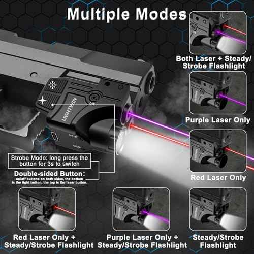 Red Blue Purple Laser Beams with 800 Lumens Flashlight for Pistols, 3 in 1 Laser Light Combo, Tactical USB Rechargeable Laser Sight, Strobe & Steady Flashlight for Picatinny Rail