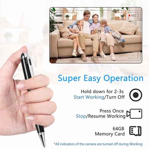 1080P Camera Pen, 64G Nanny Cam, Portable Body Cameras with Loop Recording, Rechargeable Video Camera for Home, Office-One Button Surveillance Cameras