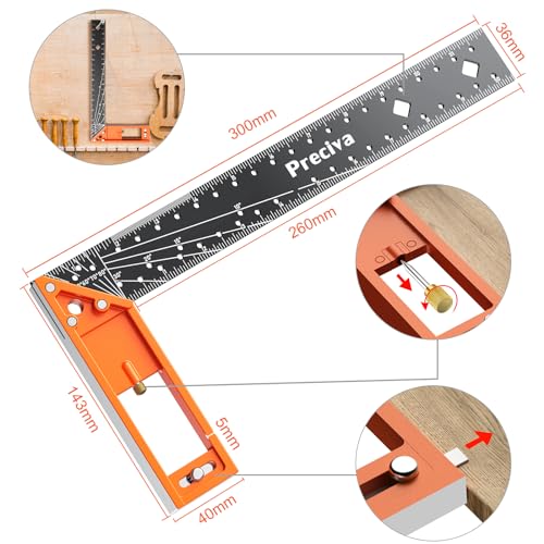 Preciva 12" Right Angle Woodworking Square Ruler with Stainless Steel Blade, Retractable Ledge, 1/16" & 1/32" Notches – Orange 12 in