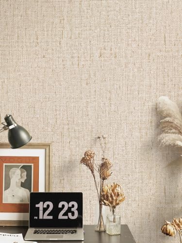 Lenify Beige Grasscloth Peel and Stick Wallpaper 15.7x196.8in Textured Wall Covering