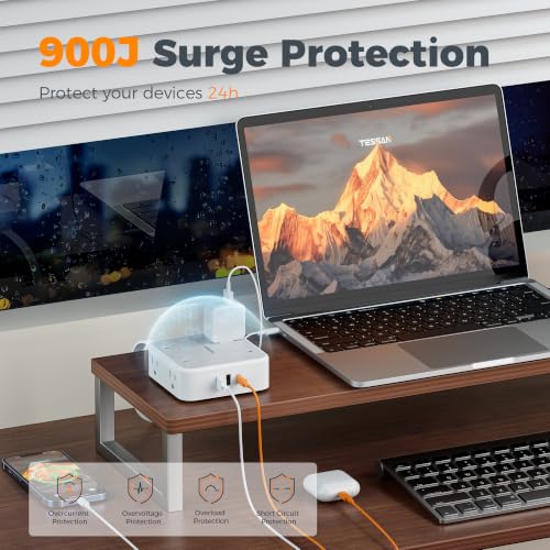 TESSAN 11-in-1 Surge Protector Power Strip with 900J Protection, 5ft Flat Cord, Grey & USB-C