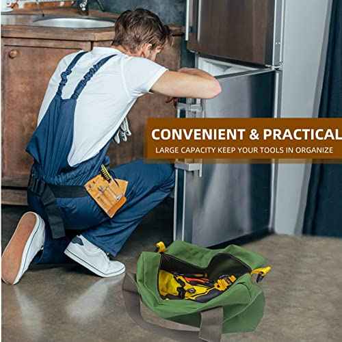 BLIRITEL 12 Inch Wide Mouth Tool Bag, Heavy Duty Canvas Tool Storage Bag, Large Capacity Handbag, Multi-function Tool Organizer Tote Bag for Storage Wrenches Pliers (Green, 12 Inch)