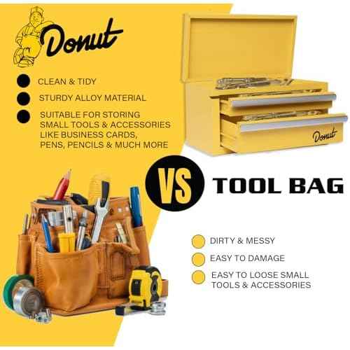 Donut Media Mini Tool Box | Magnetic Catch Drawers; Top Storage; Heavy Duty Powder Coating | Small Metal Stash Box; Desk Organizer; Mechanics Essentials | Compact Tool Kit; 3 Drawer Chest; Yellow