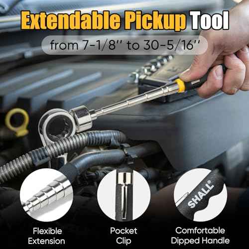 SHALL 3-Piece Magnetic Tool Parts Mat and Telescoping Magnetic Pickup Tool, Flexible Magnetic Tool Holder Pad W/ 83 Built-In-Magnets & 25LBS Pull Force Extendable Magnet for Mechanic Wrench Screw Bolt