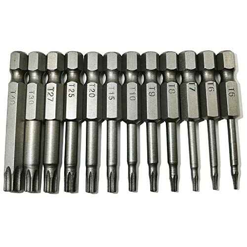 Torx Head Screw Driver Bit 12 Pcs Security Torx bit set T5 T6 T7 T8 T9 T10 T15 T20 T25 T27 T30 T40 Size 2 inch Length 1/4 Hex Shank S2 Steel Magnetic Star 6 Point Screwdriver bit set