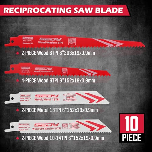 SEDY 10-Piece Reciprocating Saw Blade Set with Storage Box - Multi-Size Wood & Metal Cutting Blades, Straight Variants