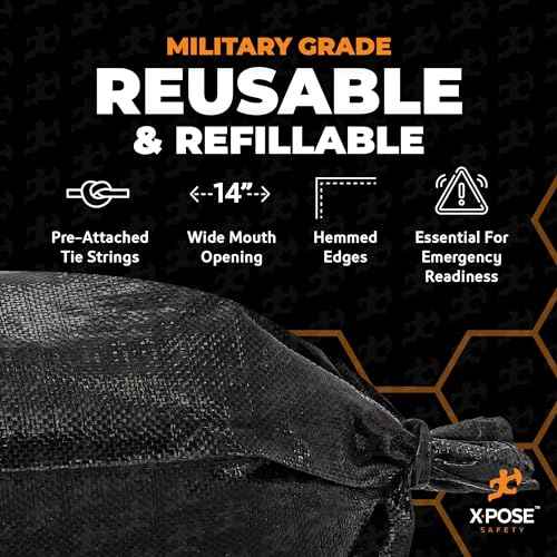 Xpose Safety Heavy Duty Sand Bags with Tie Strings ? Empty Woven Polypropylene Sandbags for Hurricane Flood Protection, 100 lb Capacity, 14" x 26", Black, Pack of 25