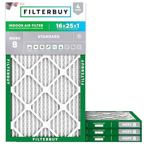 Filterbuy 16x25x1 Air Filter MERV 8 (MPR 700) Dust Defense Replacement (4-Pack), Electrostatic Pleated HVAC AC Furnace Filters, Made in USA (Actual Size: 15.50 x 24.50 x 0.75)