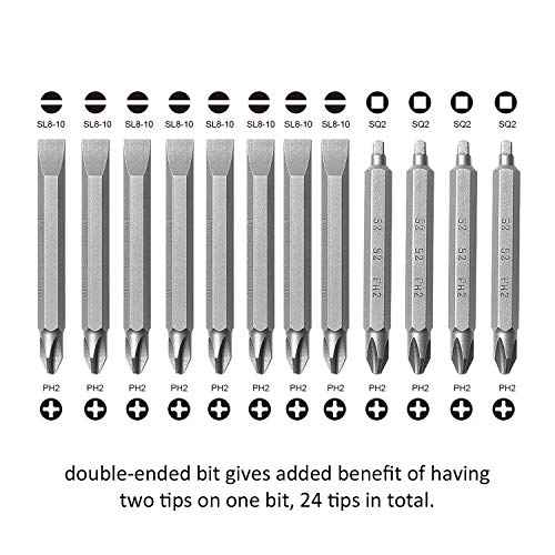 Double Ended Drive Bits, Phillips 2 and Slotted 8, Phillips 2 and Square 2, 12 pieces with Storage Case