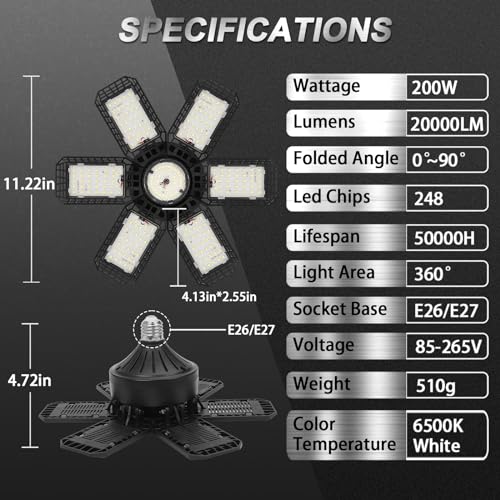 AUDLES 200W Garage Ceiling LED Lights 2 Pack, 6500K Bright Adjustable Fixture