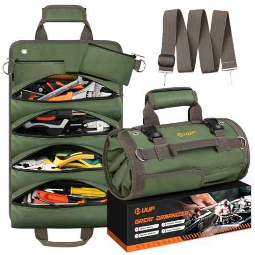 Tool Bag Roll Up, UUP Heavy Duty Portable Soft Tool Storage Organization, Foldable Empty Rollup Organizer with 2 Small Pouches, Rollable Carrying Toolbag, Dad Men Mechanic Welding Birthday Gift, Green