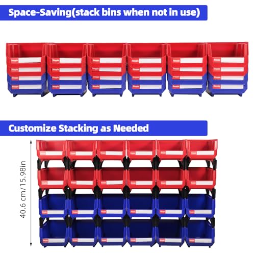 Shineyaplus 24-Pack Stackable Storage Bins 5.32 x 4.14 x 2.99 in with Labels, Blue & Red
