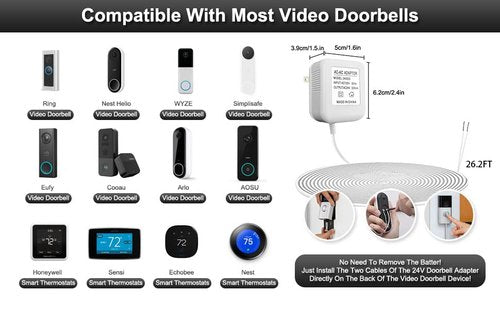 JGXDJJ Doorbell Transformer, 24V Power Adapter with 26.2ft C-Wire, Compatible with Ring, Nest Hello, Wyze, Eufy Video Doorbells