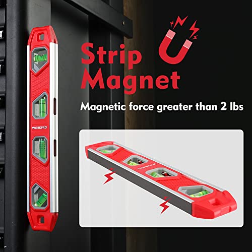 WORKPRO 12-Inch Magnetic Torpedo Level - Red, Durable Aluminum, Accurate Bubble Vials