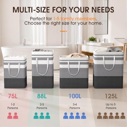 HomeHacks 2 Pack Large Laundry Hampers Bags Grey 75L - Collapsible, Waterproof, Heavy Duty Handles