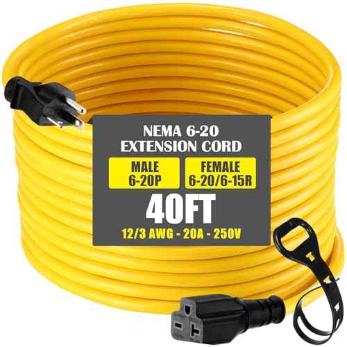 40 FT NEMA 6-20 Extension Cord, NEMA 6-20P Male Plug to 6-20R/6-15R Female Receptacle, 20 Amp T-Blade Outlet Extension Power Cord with Waterproof Sockets, Heavy Duty 12/3 AWG, 250V, 5000W