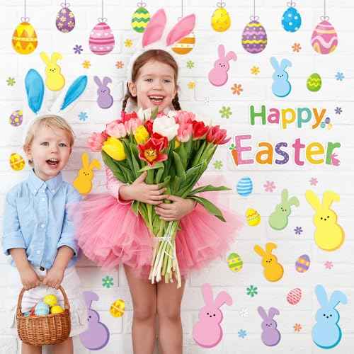 Happy Easter Wall Stickers Bunny Rabbit Egg Daisy Wall Decals Room Mural Stickers for Spring Party Home Nursery Decor, 7.9 x 11.8 Inch, 9 Sheets