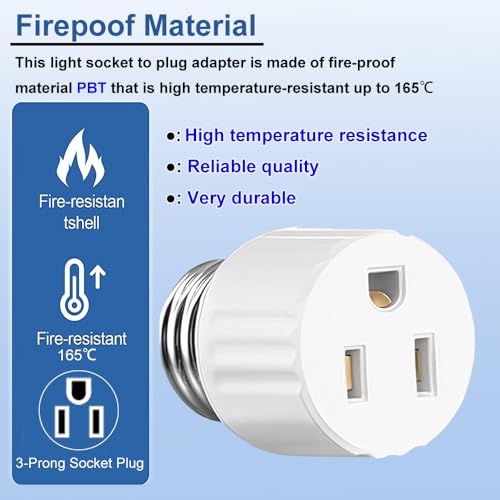 3 Pack White E26 Light Socket Outlet Adapter - Converts Bulb Socket to Plug