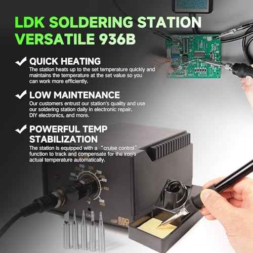 LDK 936B Soldering Iron Kit Soldering Station, 60W Soldering Iron Kit for Electronics, 5 Extra Soldering Iron Tips, Solder, Desoldering Pump, Tweezers, Wire Cutter