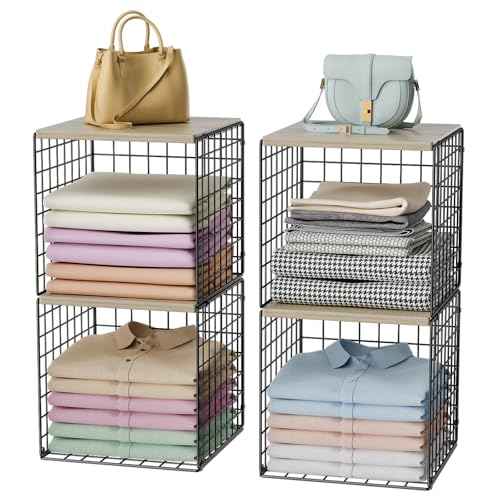4-Tier Stackable Closet Organizers and Storage, Dual-Layer Reinforced Clothing Cube Shelves with Wood Tops, Sturdy Clothes Storage Bins & Shelf Basket for Wardrobe, Closet Organizer System