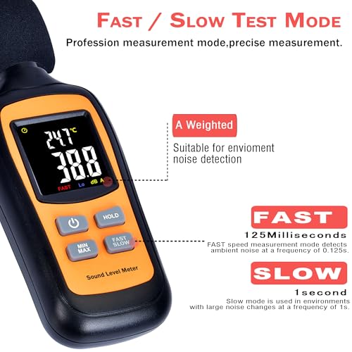 V·RESOURCING Decibel Meter 35-135dB Orange & Black with Temp, Fast/Slow, Max/Min & Data Hold