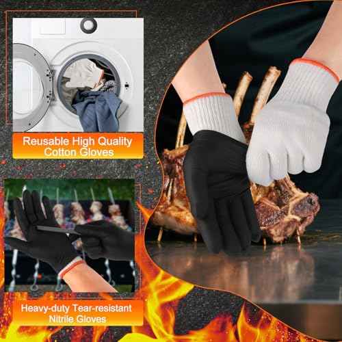 BBQ Gloves 50 Disposable nitrile Gloves with 2 Reusable Cotton Liners Guantes for Cooking Food Prep,Powder Latex Free,Heat Resistant for Grilling, Barbecue, Smoker Guante Heat Froof for Men - XLarge