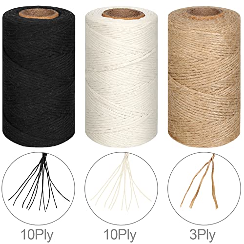 Joyberg Colorful 3 Rolls Twine String Kit - Natural Jute, Cotton & Black for Crafts & Gift Wrapping